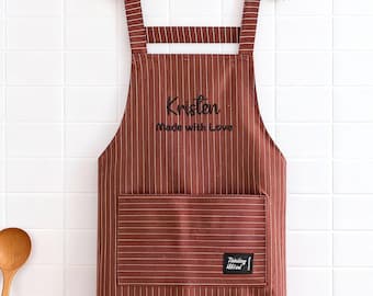 Customized Stripe Apron with Pockets,Personalised Apron For Adults and Kids,Custom Embroidered Kids/Dad's Apron,Baking Gift for Children