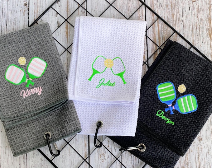 Custom Embroidered Pickleball Towel,Pickleball Towel with Carabiner,Embroidered Name Pickleball Towel,Personalized Pickleball Towel Gift