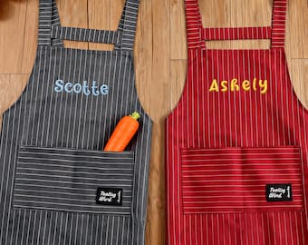 Personalized Kid Apron,Custom Family Apron Set,Embroidered Aprons for Your Kids,Striped Apron With Pockets for Little Baker,Kid Cooking Gift