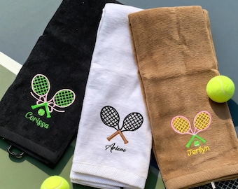 Gepersonaliseerde tennishanddoek, op maat geborduurde tennishanddoeken, sporthanddoek badstof met haak, handdoeken tennis, tenniscadeau voor man en vrouw