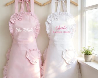 Personalized Women Ruffled Apron,Embroidered Apron with Heart Pocket,Adjustable Kitchen Cooking Wear,Cute Apron with Name,Chef Baker Apron
