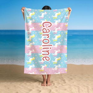 Personalized Unicorn Beach Towel,Custom Name Kids Beach Towel,Cute Unicorn Beach Towel,Beach Towel for Kids,Kids’ Summer Beach Towel