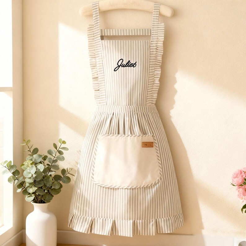 May include: A striped apron with the name "Juliet" in black script. The apron has a large front pocket and ruffled edges. The apron is hanging on a wooden hanger.
