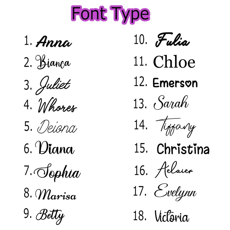 May include: A white background displays a list of 18 names in various cursive and bold fonts. The text "Font Type" is in purple script at the top. Each name is numbered, showcasing different font styles for design inspiration.