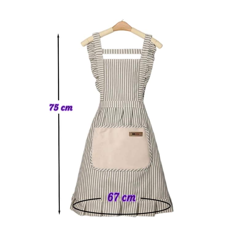 May include: A striped apron with a beige pocket and ruffled edges, hanging on a wooden hanger. The apron is approximately 29.5 inches long and 26.4 inches wide. The apron is designed for kitchen use.