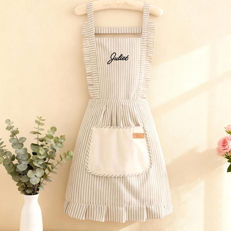 Embroidered Custom Women Apron,Personalized Striped Apron With Pockets,Linen Striped Apron，Kitchen Cooking Apron Gifts,Christmas Gifts