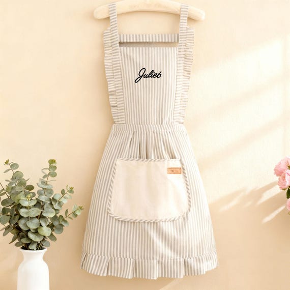 Embroidered Custom Women Apron,Personalized Striped Apron With Pockets,Linen Striped Apron，Kitchen Cooking Apron Gifts,Christmas Gifts
