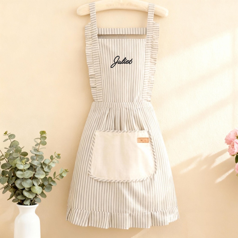 Embroidered Custom Women Apron,Personalized Striped Apron With Pockets,Linen Striped Apron，Kitchen Cooking Apron Gifts,Christmas Gifts