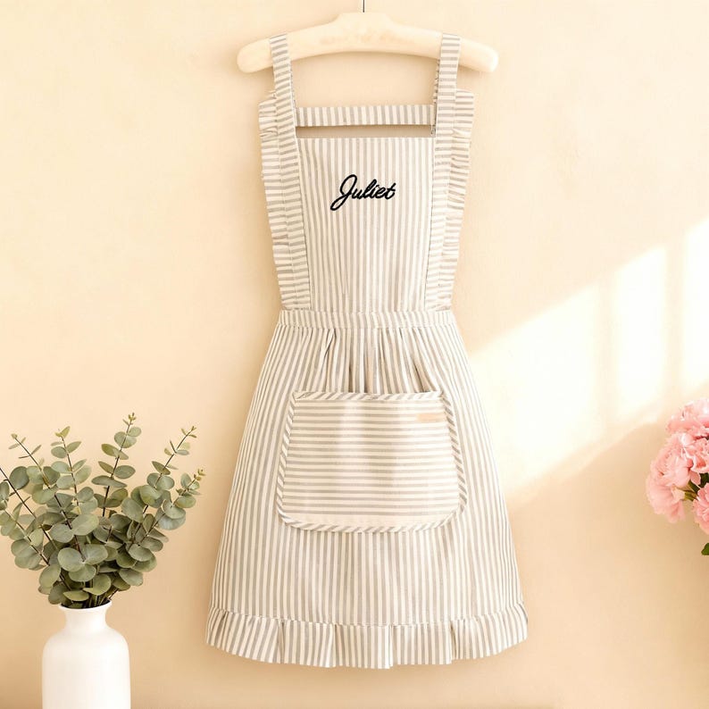 Embroidered Custom Women Apron,Personalized Striped Apron With Pockets,Linen Striped Apron，Kitchen Cooking Apron Gifts,Christmas Gifts