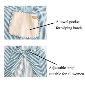 May include: Blue and white striped apron with a beige towel pocket and an adjustable strap. The apron is designed with a towel pocket for wiping hands and an adjustable strap.