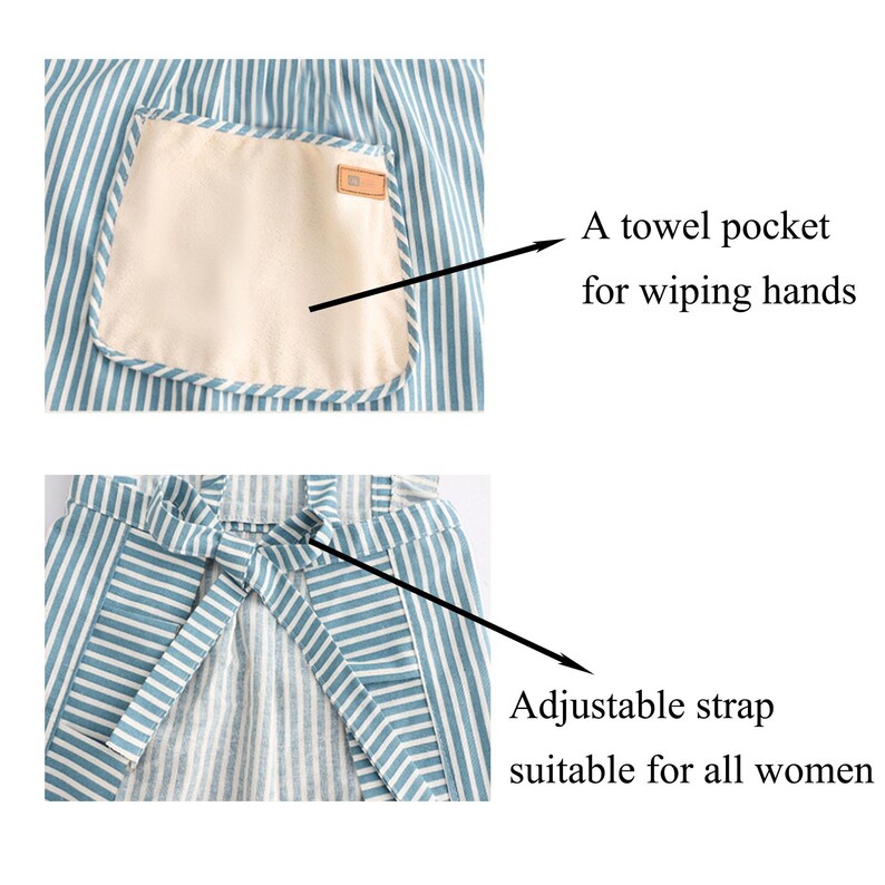 May include: Blue and white striped apron with a beige towel pocket and an adjustable strap. The apron is designed with a towel pocket for wiping hands and an adjustable strap.