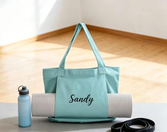 Canvas Yoga Tote Bag with Mat Holder,Yoga Pilates Bag,Personalized Canvas Tote,Yoga Mat Carrier,Canvas Tote for Gym,Custom Pilates Bag