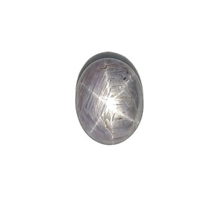 May include: A six-pointed star sapphire gemstone with a light purple hue. The stone is oval shaped and has a polished finish.