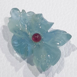 Hand Carved Aquamarine Flower Gemstone with Ruby Center (34.22 Carat)