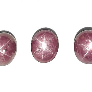 Könnte beinhalten: Drei runde, rosafarbene Sternrubin-Cabochons mit einem sternförmigen Asterismus.