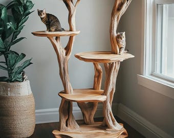 Handmade Gift Cat Rustic Solid Wood Cat Tree Stand Naturally Natural Wood Cat Stand for Large Cats, Modern Cat Furniture