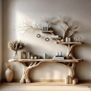 Narrow table with twig bookshelf, Entrance living edge table, Farm table rustic handmade console table natural wood