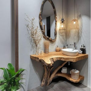 Natural Wood Corner Bathroom Vanity With Storage