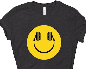 Smiley Face Headphones Shirt, Audiophile Smile T-Shirt, DJ Shirt, Gift for Music Teacher, Gift for Musician