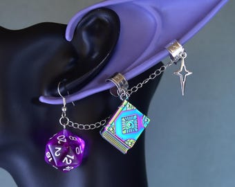 Essek D20 Star Books Chained Earrings Ear Cuff Combo  – Critter Cosplay – Mighty 9 – Wizard Husbands – Dice and Dragons – TTRPG Jewelry