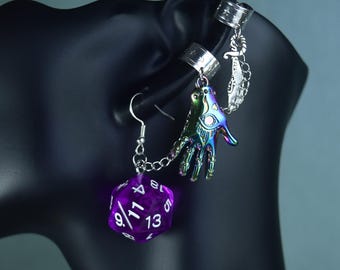 Mollymauk D20 Sword Hand Earrings Ear Cuff Combo – Critter Cosplay – Mighty 9 – Dice and Dragons – TTRPG Jewelry