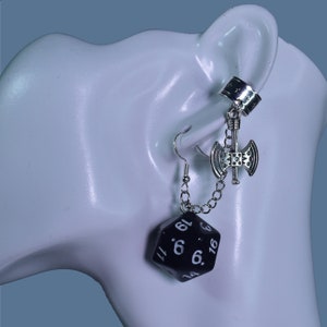 Grog D20 Black Dice Axe Chained Earrings Ear Cuff Combo – Critter Cosplay – Dice and Dragons – TTRPG Jewelry