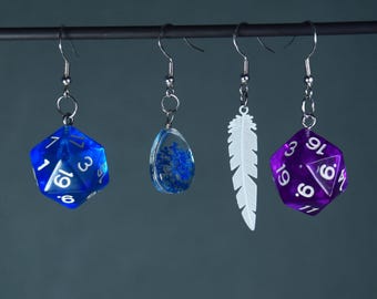 Yasha D20 Flower Feather Earrings – Critter Cosplay – Mighty 9 – Sentinel Babes – Dice and Dragons – TTRPG Jewelry