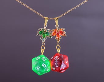 Keyleth D20 Rhinestoned Red and Green Leaves Dangling Chain Druid Necklace – Critter Cosplay – Dice and Dragons – TTRPG Jewelry