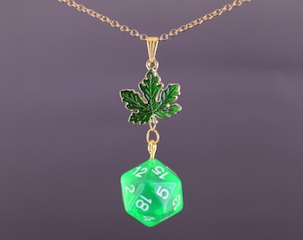 Keyleth D20 Green, Yellow and Red Leaves Druid Dangling Necklace – Critter Cosplay – Dice and Dragons – TTRPG Jewelry