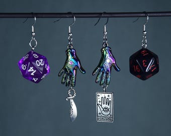 Mollymauk Sword Snake Tarot Card Hand Dangling Rainbow Earrings – Critter Cosplay – Mighty 9 – Dice and Dragons – TTRPG Jewelry