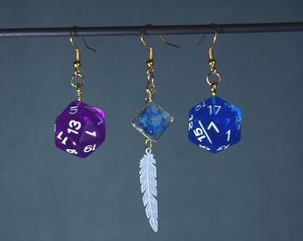 Yasha D20 Flower Feather Dangling Earrings – Critter Cosplay – Mighty 9 – Sentinel Babes – Dice and Dragons – TTRPG Jewelry