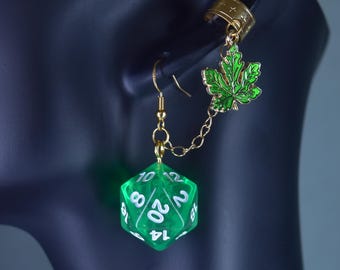 Keyleth D20 Green Yellow Red Dice Leaves Chained Earring Ear Cuff Combo – Critter Cosplay – Dice and Dragons  – TTRPG Jewelry