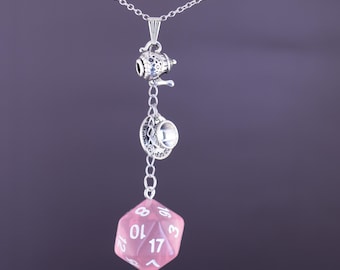 Caduceus D20 Tea Cups Cleric Dangling Necklace – Critter Cosplay – Mighty 9 – Dice and Dragons – TTRPG Jewelry