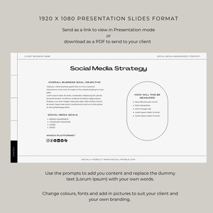 May include: A black and white presentation slide template for a social media strategy. The slide includes sections for overall business goals, social media goals, which platforms to use, and how to measure success. The text "Social Media Strategy" is in a large font at the top of the slide.