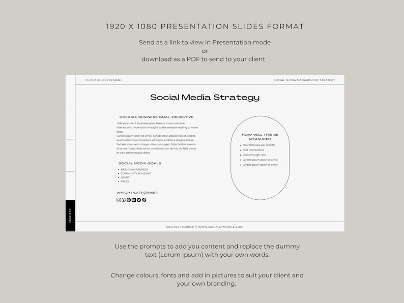 May include: A black and white presentation slide template for a social media strategy. The slide includes sections for overall business goals, social media goals, which platforms to use, and how to measure success. The text "Social Media Strategy" is in a large font at the top of the slide.