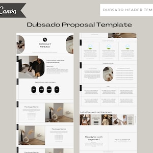 Op de afbeelding: Een digitaal sjabloon voor Dubsado-voorstellen, met een minimalistisch ontwerp en een lichtgrijze achtergrond. Het sjabloon bevat secties voor klantinformatie, pakketdetails en social media links. Tekst bevat "Dubsado Proposal Template" en "Made in Canva."