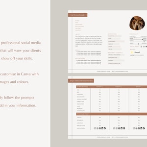 May include: A template for creating a social media strategy. The template includes sections for target audience demographics, preferred channels, and social media brands. The template is customizable with images and colors.