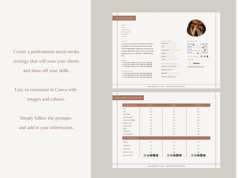May include: A template for creating a social media strategy. The template includes sections for target audience demographics, preferred channels, and social media brands. The template is customizable with images and colors.