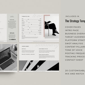 May include: A black and white image of a laptop computer on a desk. The laptop is open and the screen is showing a document with the words "Social Media Strategy". The image is part of a larger document that includes a strategy template for businesses.