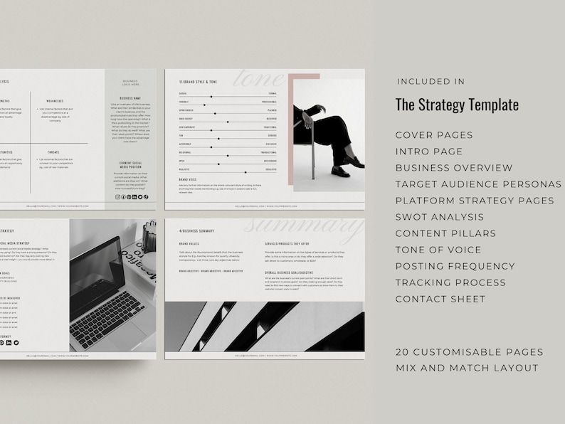 May include: A black and white image of a laptop computer on a desk. The laptop is open and the screen is showing a document with the words "Social Media Strategy". The image is part of a larger document that includes a strategy template for businesses.