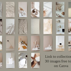 Puede incluir: Una colecci&oacute;n de 30 im&aacute;genes de uso gratuito para Canva, que presentan elementos de dise&ntilde;o minimalistas y modernos. Las im&aacute;genes muestran una variedad de texturas, colores y objetos, incluyendo flores secas, plantas y decoraci&oacute;n del hogar.