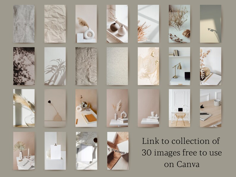 Puede incluir: Una colecci&oacute;n de 30 im&aacute;genes de uso gratuito para Canva, que presentan elementos de dise&ntilde;o minimalistas y modernos. Las im&aacute;genes muestran una variedad de texturas, colores y objetos, incluyendo flores secas, plantas y decoraci&oacute;n del hogar.