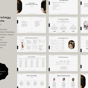 May include: A black and white graphic design template for a social media strategy. The template includes sections for target audience personas, content pillars, posting frequency, and more. The template is customizable with 20 pages.