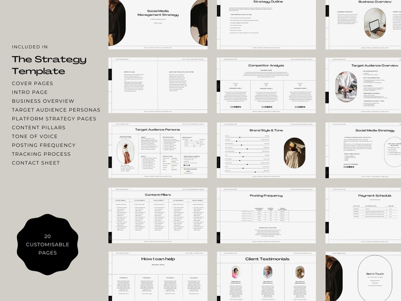 May include: A black and white graphic design template for a social media strategy. The template includes sections for target audience personas, content pillars, posting frequency, and more. The template is customizable with 20 pages.