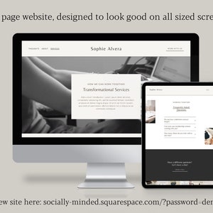 May include: A website mockup on a desktop computer and tablet. The website is for a business called "Sophie Alvera" and offers transformational services. The text "How we can work together" and "Transformational Services" is displayed on the website. The website address is "socially-minded.squarespace.com/?password=demo".