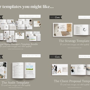 May include: A collection of social media manager templates for Canva. The templates include a social media manager's toolkit, a strategy template, an audit template, and a client proposal template. The templates are designed for social media managers and virtual assistants.