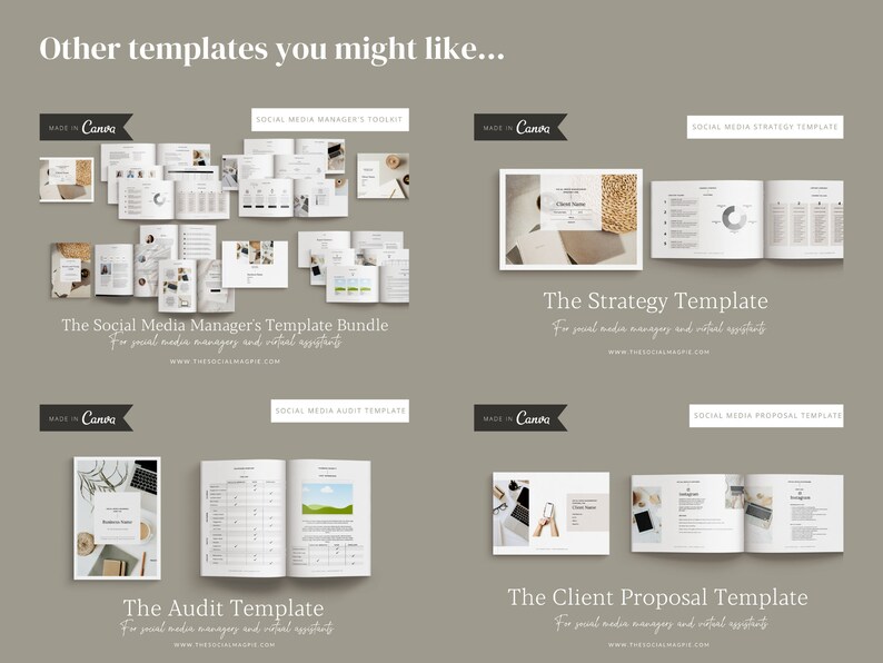 May include: A collection of social media manager templates for Canva. The templates include a social media manager's toolkit, a strategy template, an audit template, and a client proposal template. The templates are designed for social media managers and virtual assistants.
