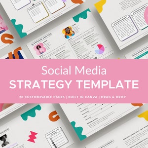 May include: A pink and teal graphic design template for a social media strategy. The template includes 20 customizable pages, is built in Canva, and is drag and drop. The text "Social Media Strategy Template" is in a large, bold font.
