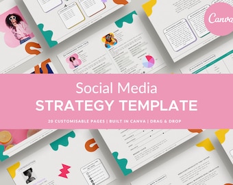 Puede incluir: Una plantilla de diseño gráfico rosa y turquesa para una estrategia de redes sociales. La plantilla incluye 20 páginas personalizables, está integrada en Canva y es de arrastrar y soltar. El texto "Social Media Strategy Template" está en una fuente grande y en negrita.