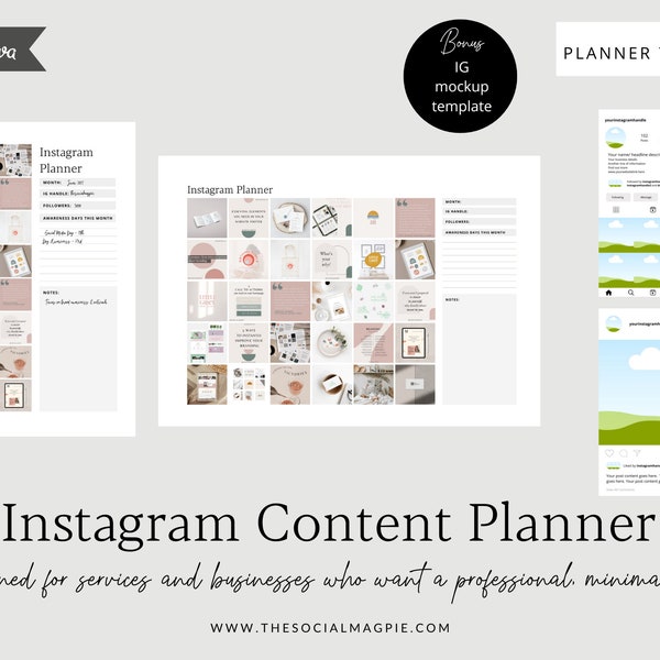 Instagram Planner Template, Editable Social Media Planner, Planning Template, Content Planner, Hashtag Keeper, Canva Instagram Mockups